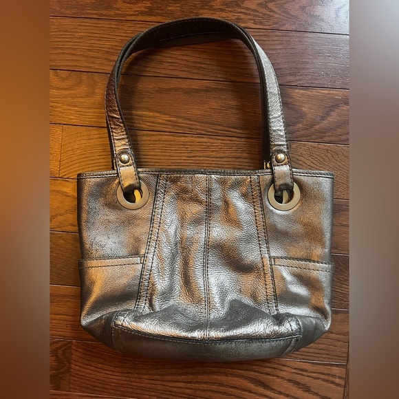 Fossil Vintage Y2K Floral Gray Silver Leather Tote Handbag - Picture 5 of 8